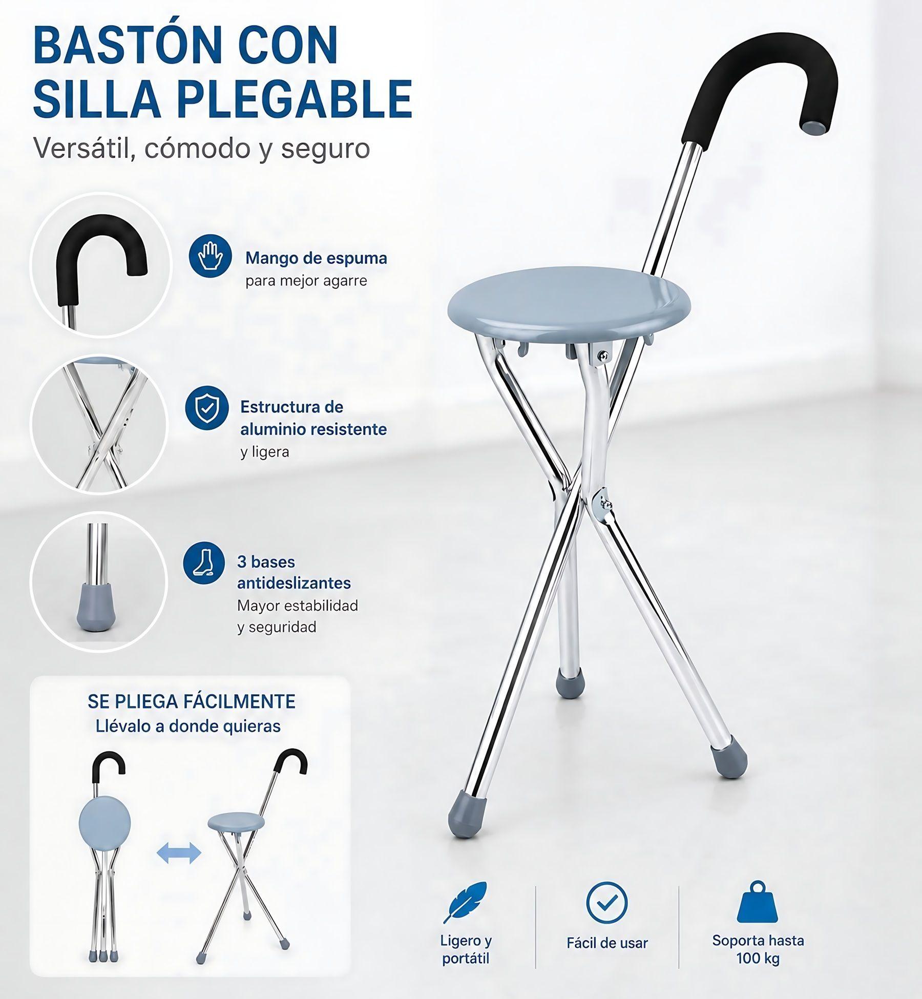 Bastón Con Asiento Plegable Aluminio Alta Calidad Premium-2