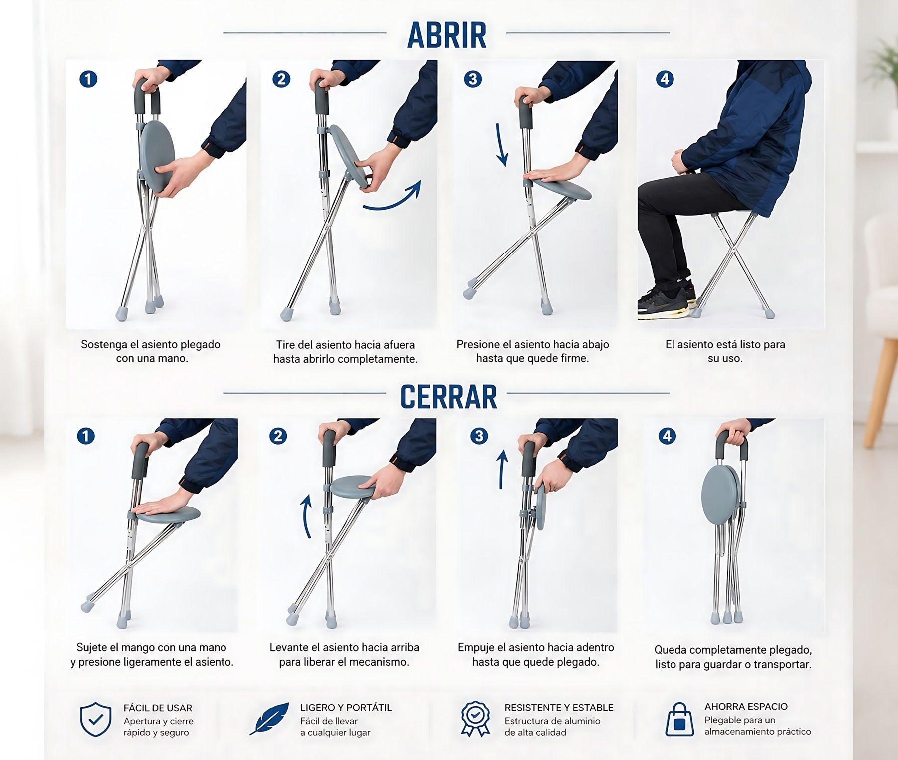 Bastón Con Asiento Plegable Aluminio Alta Calidad Premium-3