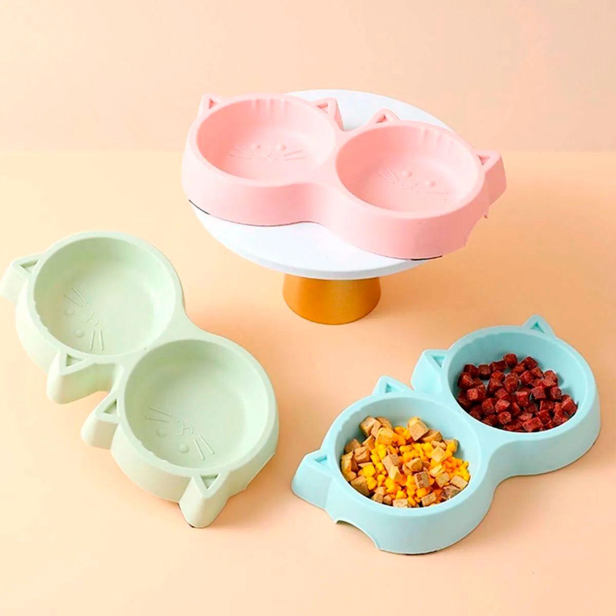 Plato De Comida Doble Para Mascotas Con Forma De Gato Verde-3