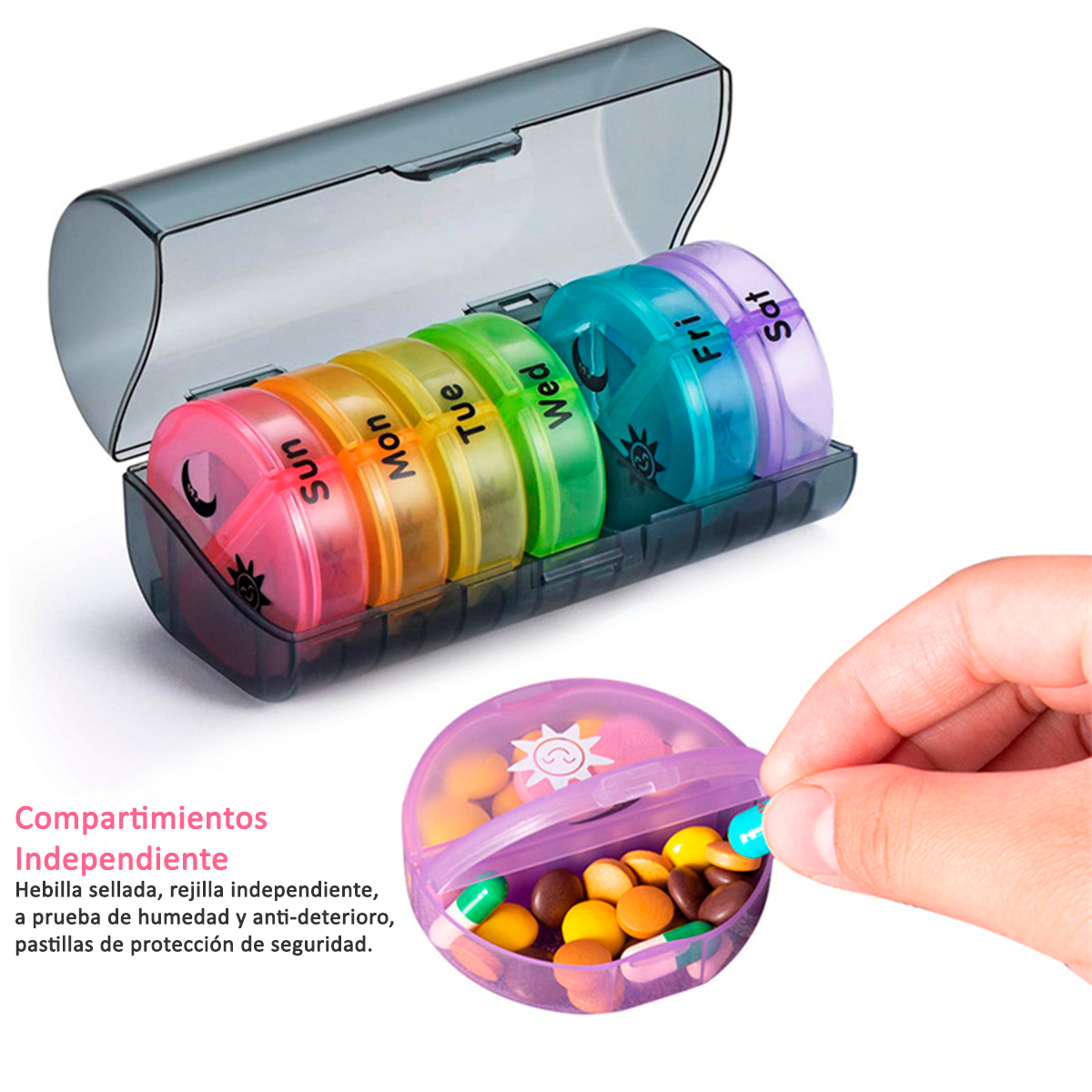 Pastillero Semanal Organizador Portátil Redondo - 2 Tomas Negro-6