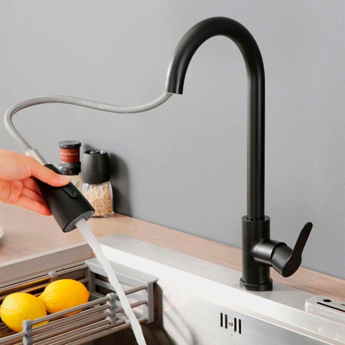 Llave Grifería Lavaplatos Monomando Cuello Extraíble Negro Tap02-4