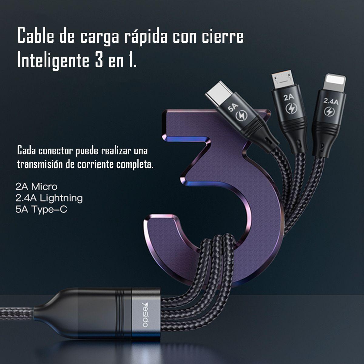 Cable Cargador 3 En 1 Fast 5a Lightning/micro/tipo-c Ca-73-5