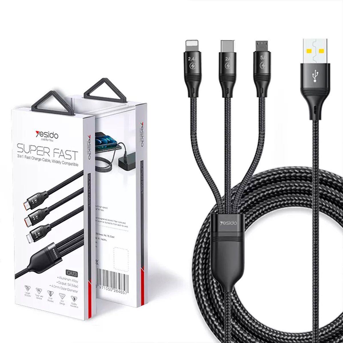 Cable Cargador 3 En 1 Fast 5a Lightning/micro/tipo-c Ca-73-7