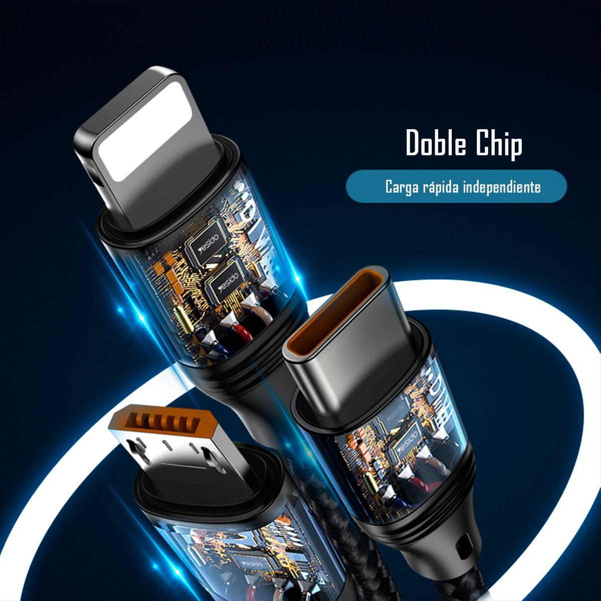 Cable Cargador 3 En 1 Fast 5a Lightning/micro/tipo-c Ca-73-6
