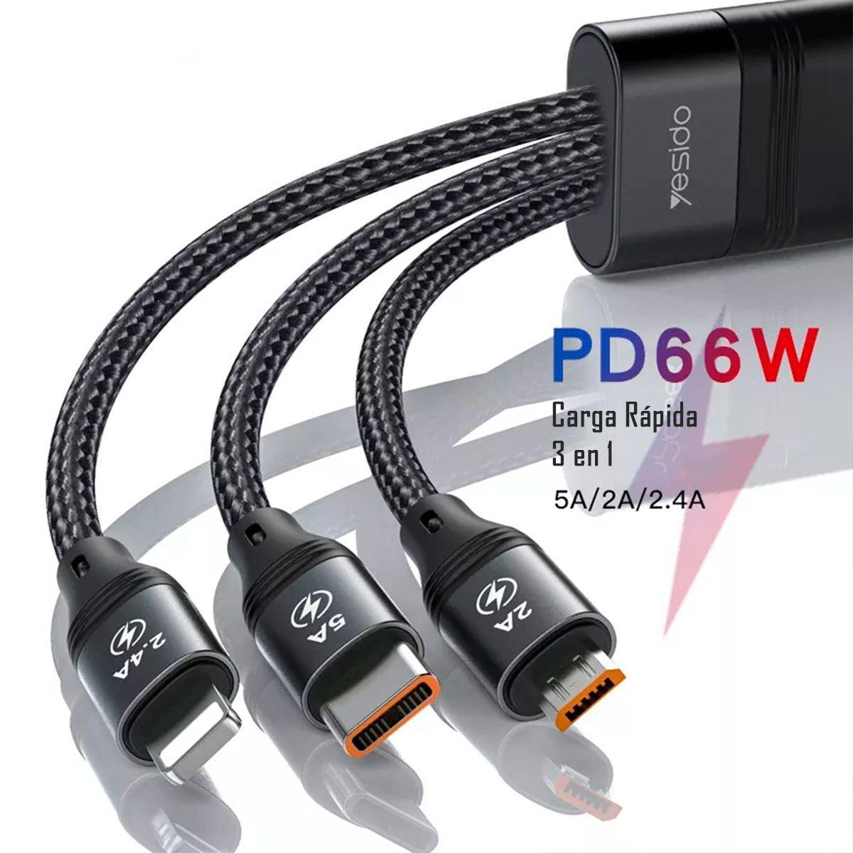 Cable Cargador 3 En 1 Fast 5a Lightning/micro/tipo-c Ca-73-3