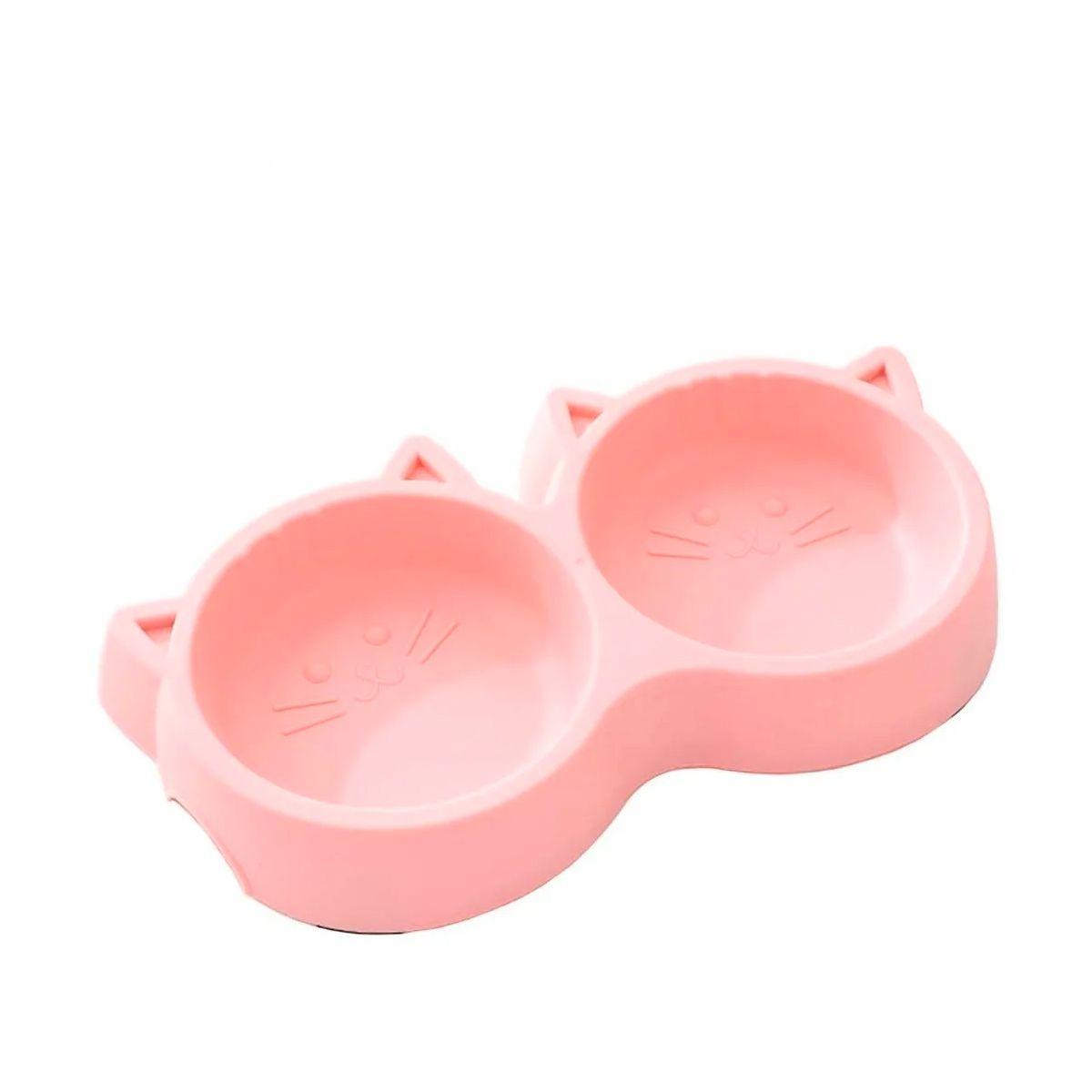 Plato De Comida Doble Para Mascotas Con Forma De Gato Rosado-0