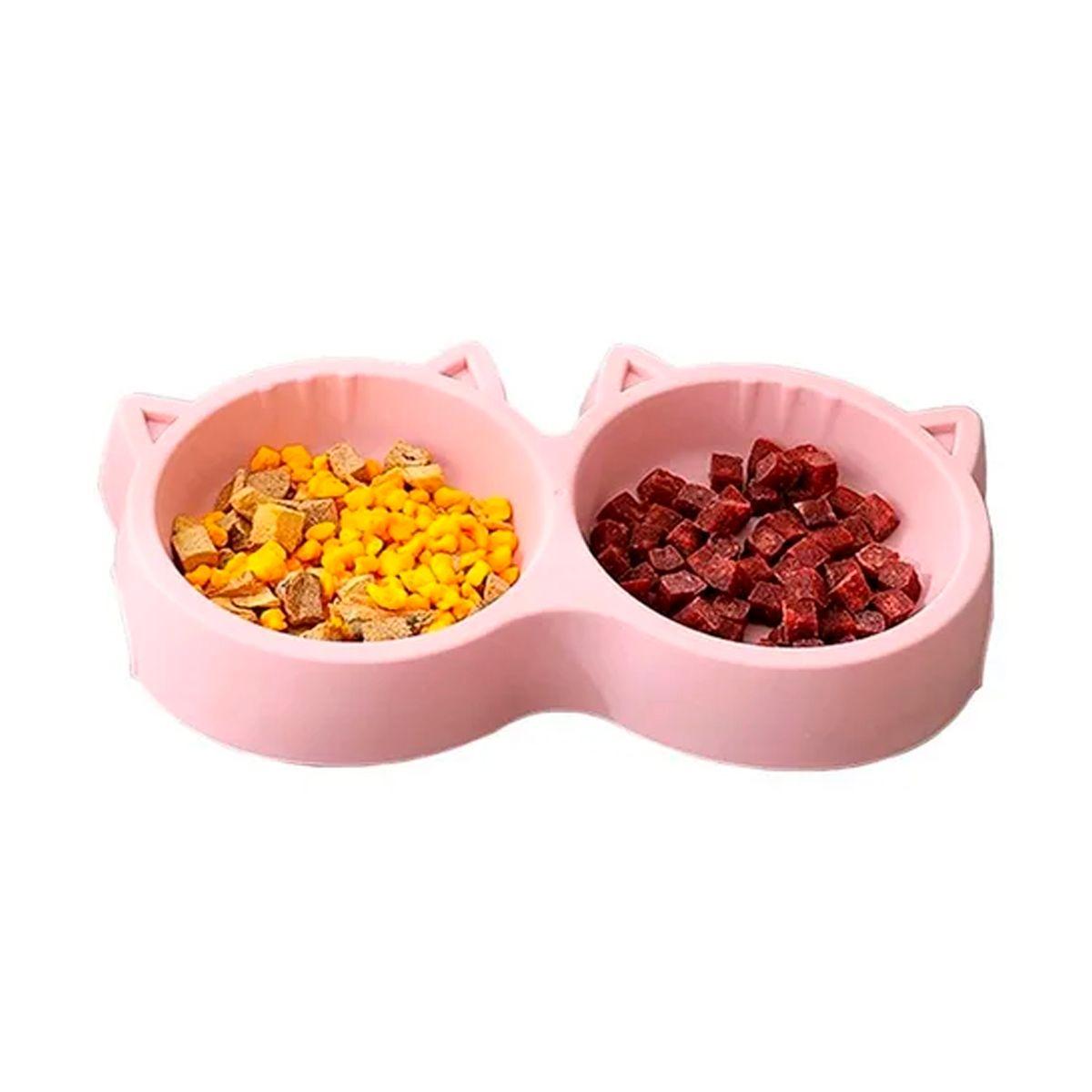 Plato De Comida Doble Para Mascotas Con Forma De Gato Rosado-1