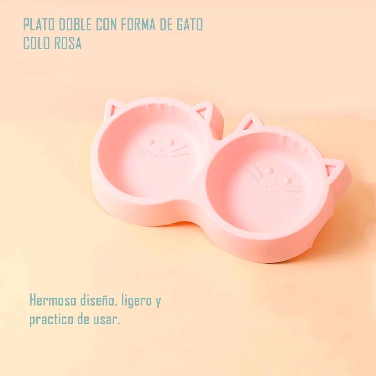 Plato De Comida Doble Para Mascotas Con Forma De Gato Rosado-2