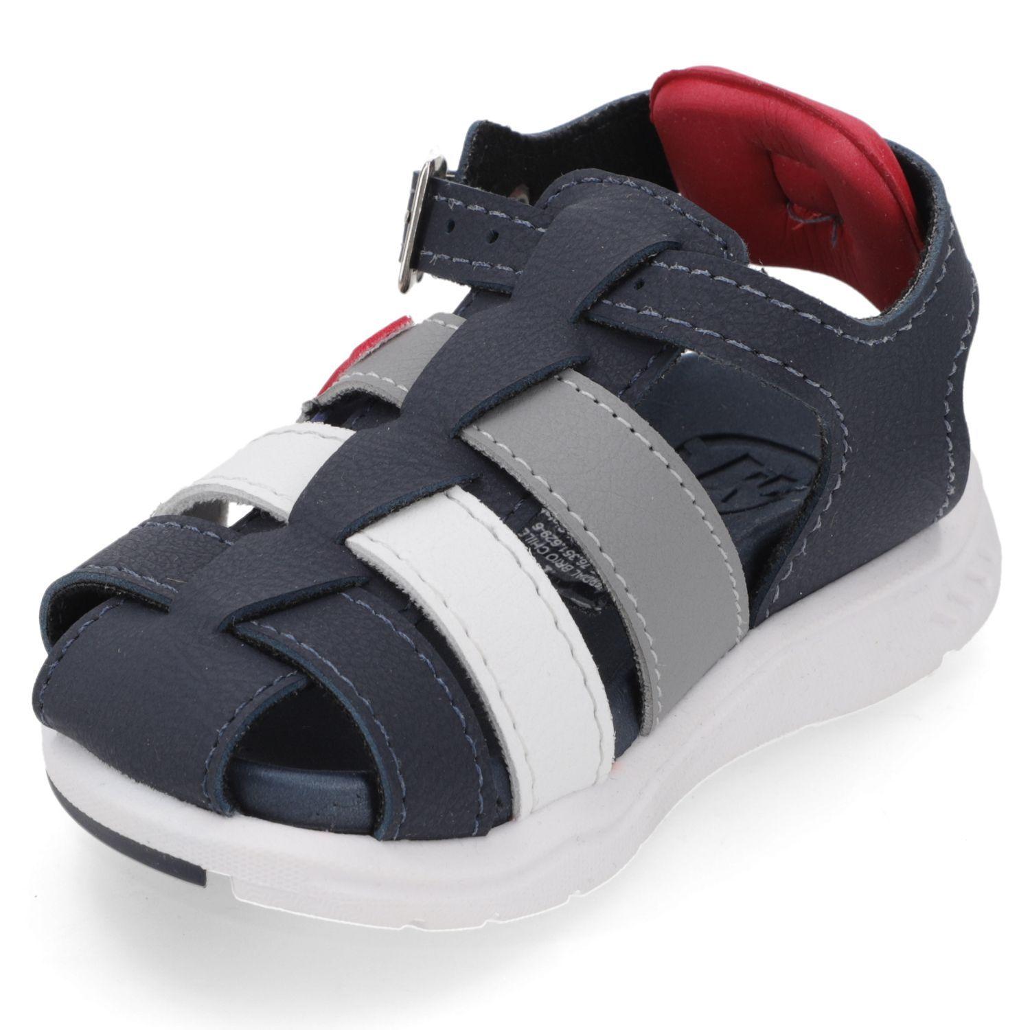 Sandalia Niño Azul, Gris y Blanco con Detalle Rojo y Hebilla Ajustable-3