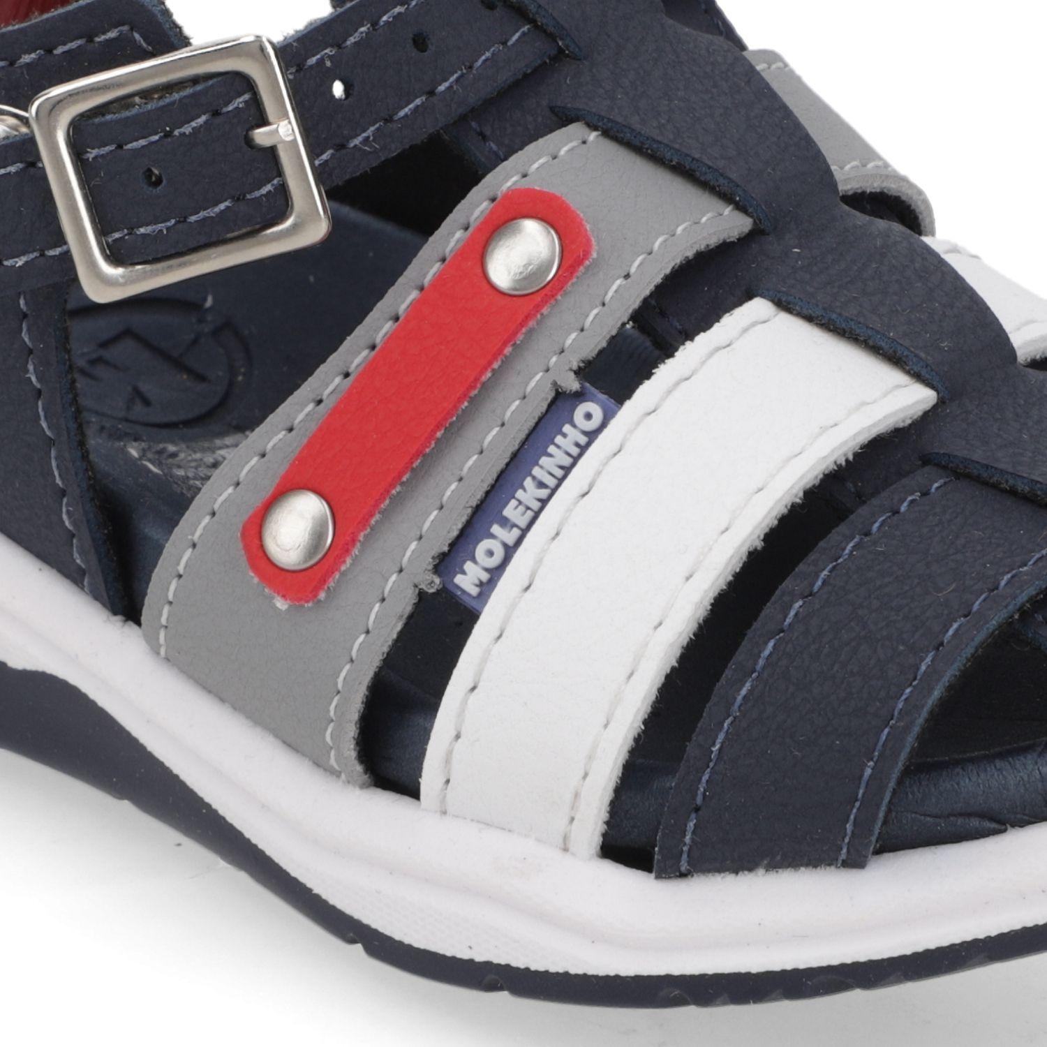 Sandalia Niño Azul, Gris y Blanco con Detalle Rojo y Hebilla Ajustable-5