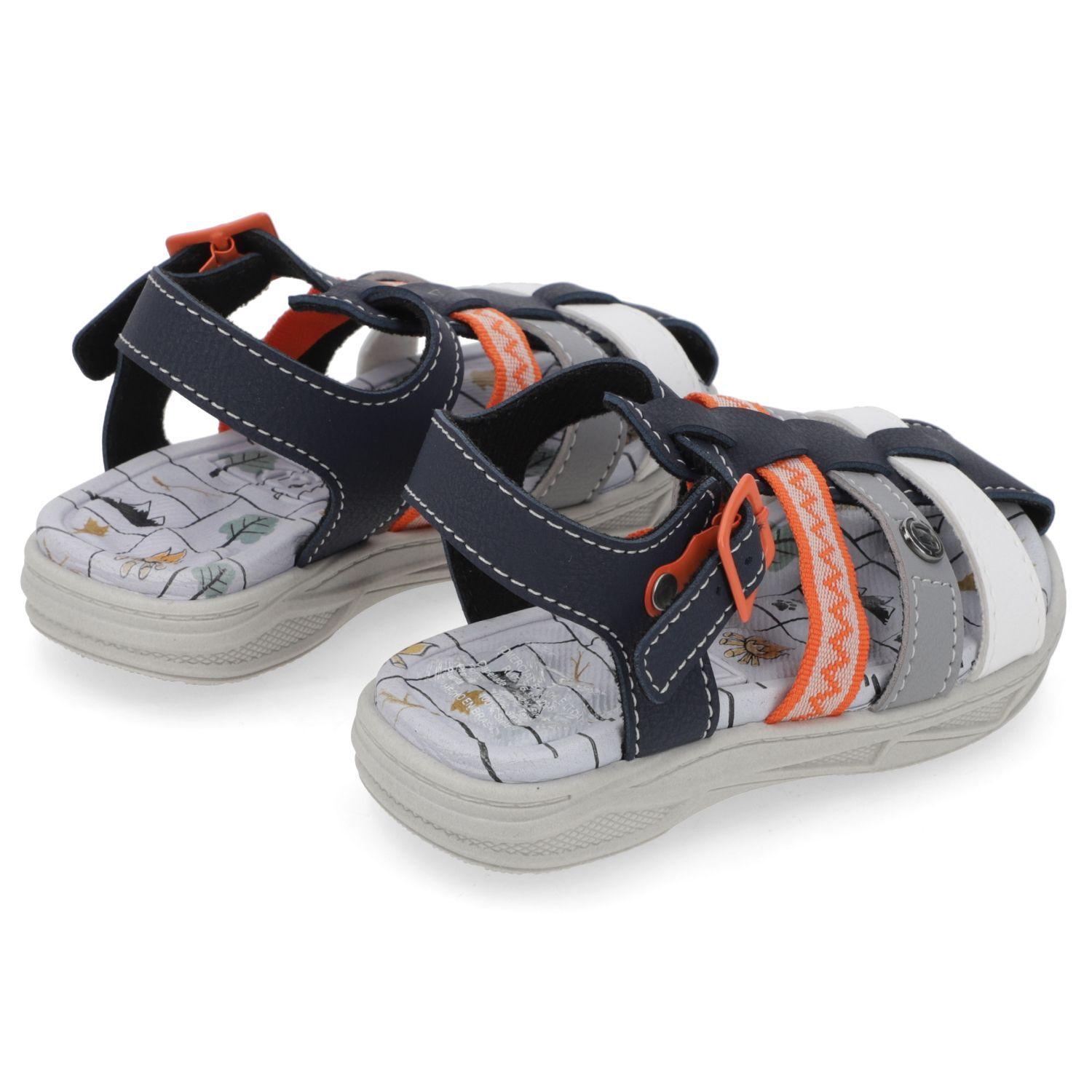 Sandalia Niño Azul, Gris y Blanco con Detalle Naranja y Hebilla Ajustable-1