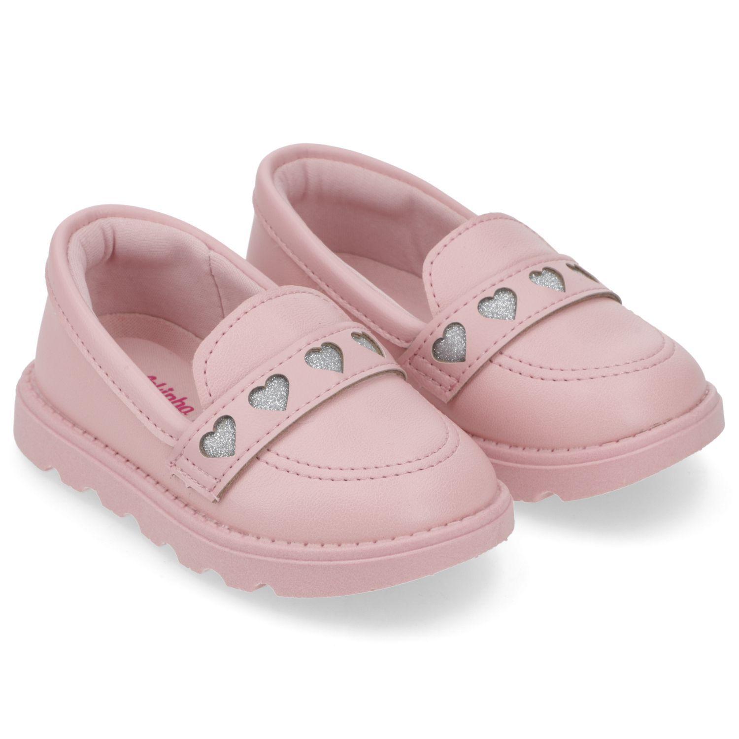 Zapatillas Mocasín Rosado con Corazones Plateados Molekinha-0