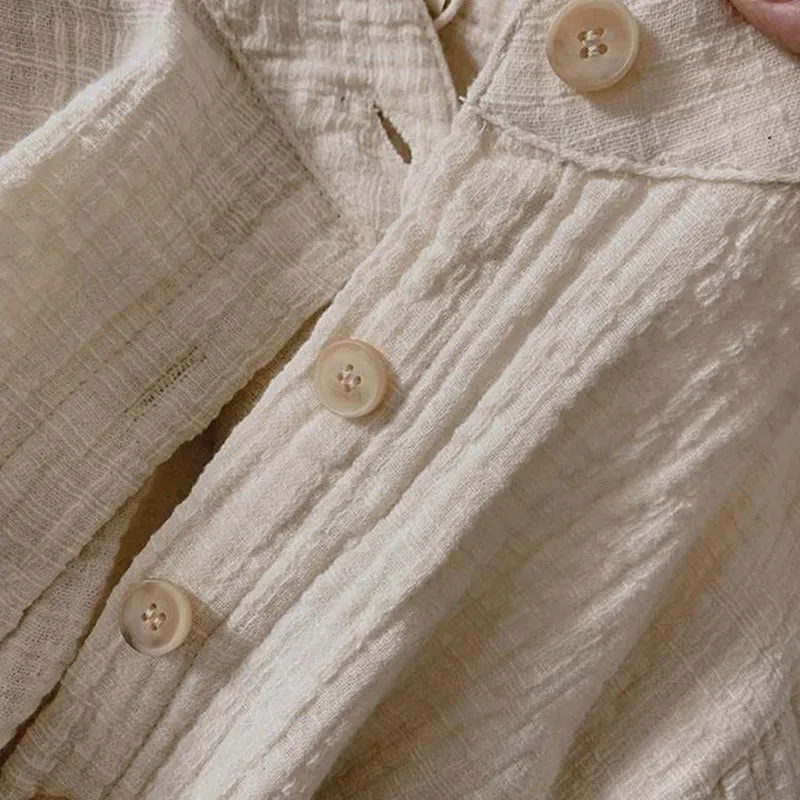 Camisas Retro de algodón y lino para niños 90 Beige-2