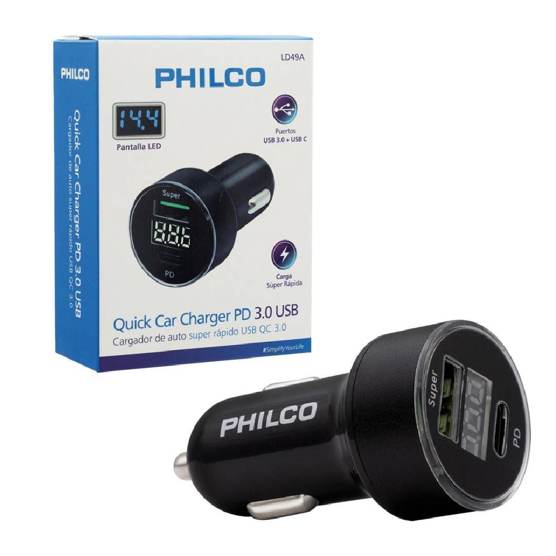 Cargador de Auto Philco USB 3.0 + USB C Pantalla Led-0