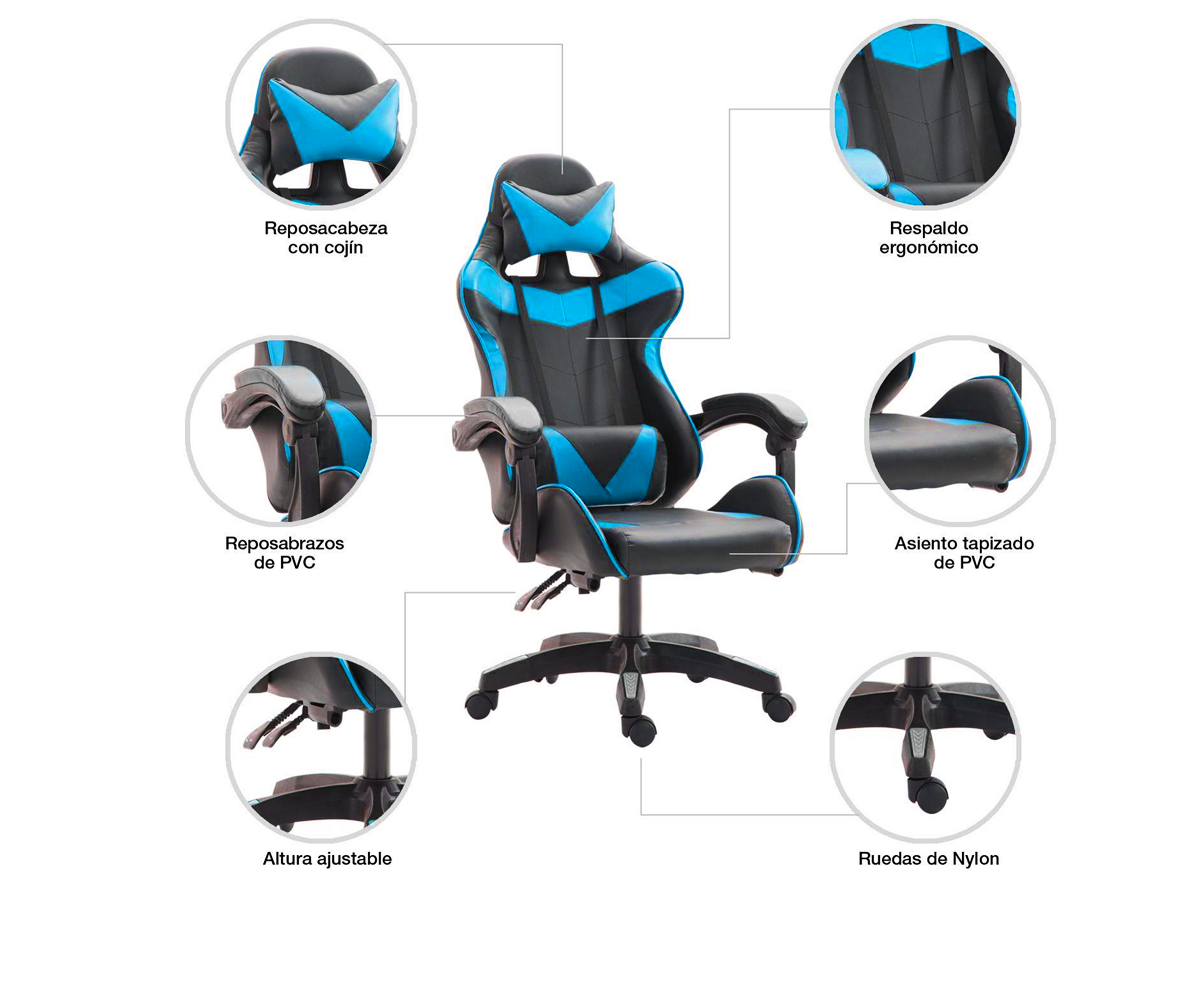 Silla Gamer Eco Cuero Apoyabrazos Reclinable 100kg Celeste-4