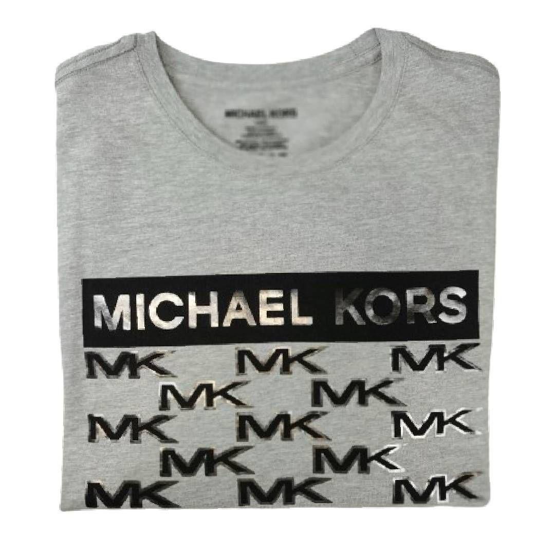 Polera Mk Gris Cuello Redondo Franja Negra/plateada Talla L-2