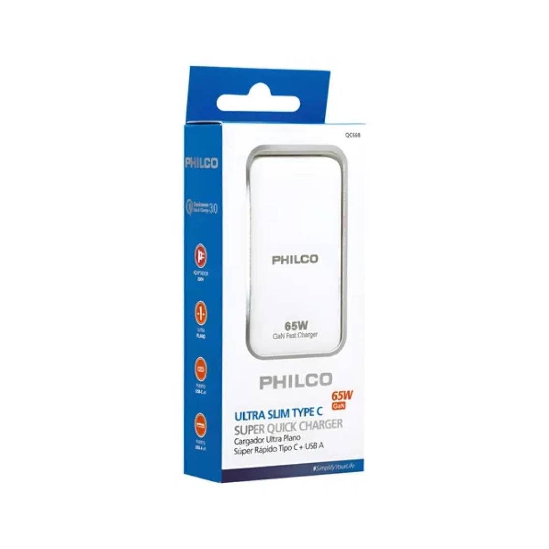 Cargador Rapido Philco QC668 65W Ultra Plano USB A, C-2