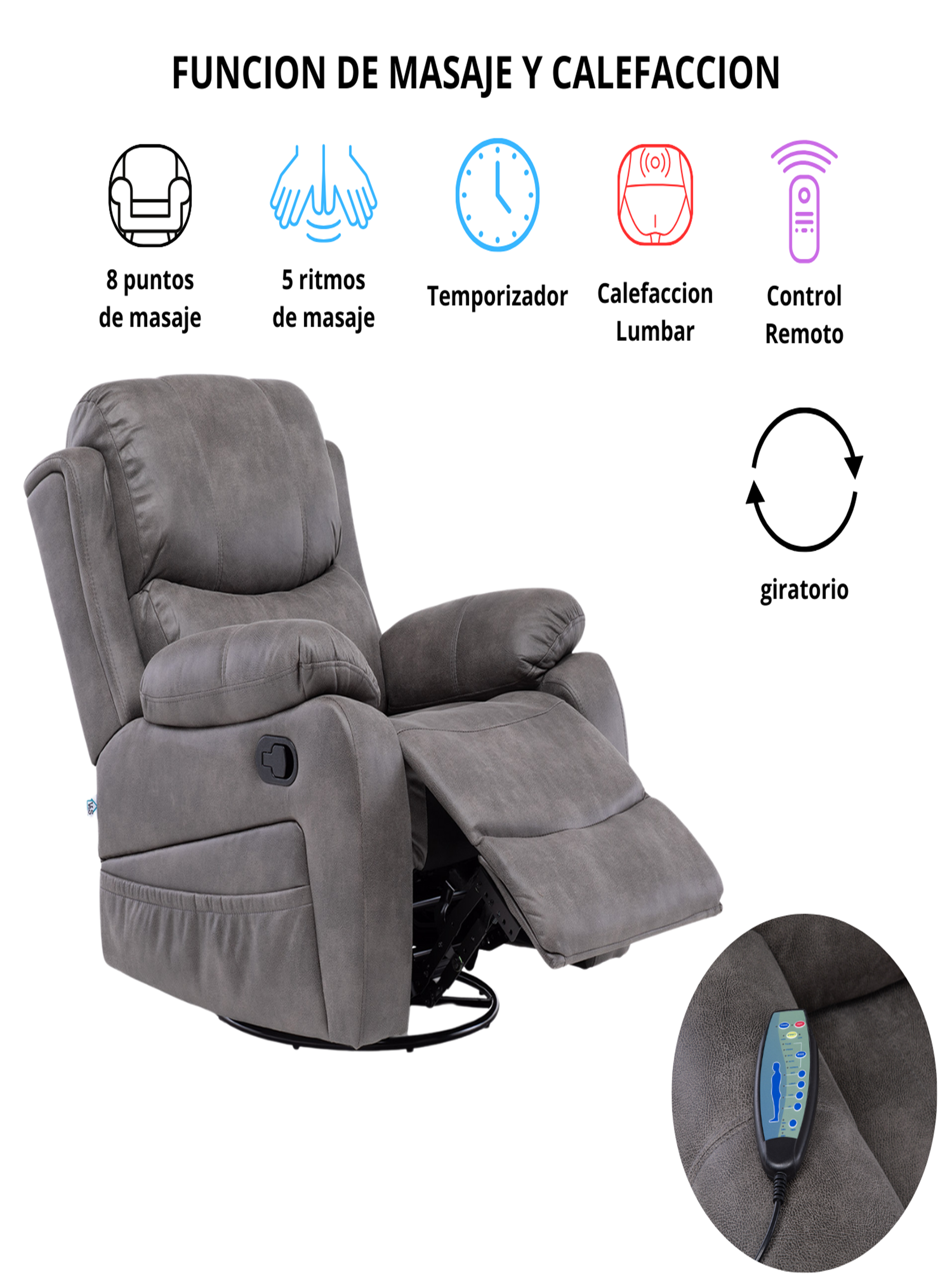 BERGER RECLINABLE PRO GREY CON VIBROMASAJE 8 PUNTOS + CONTROL REMOTO + CALEFACCION + MECEDOR-2