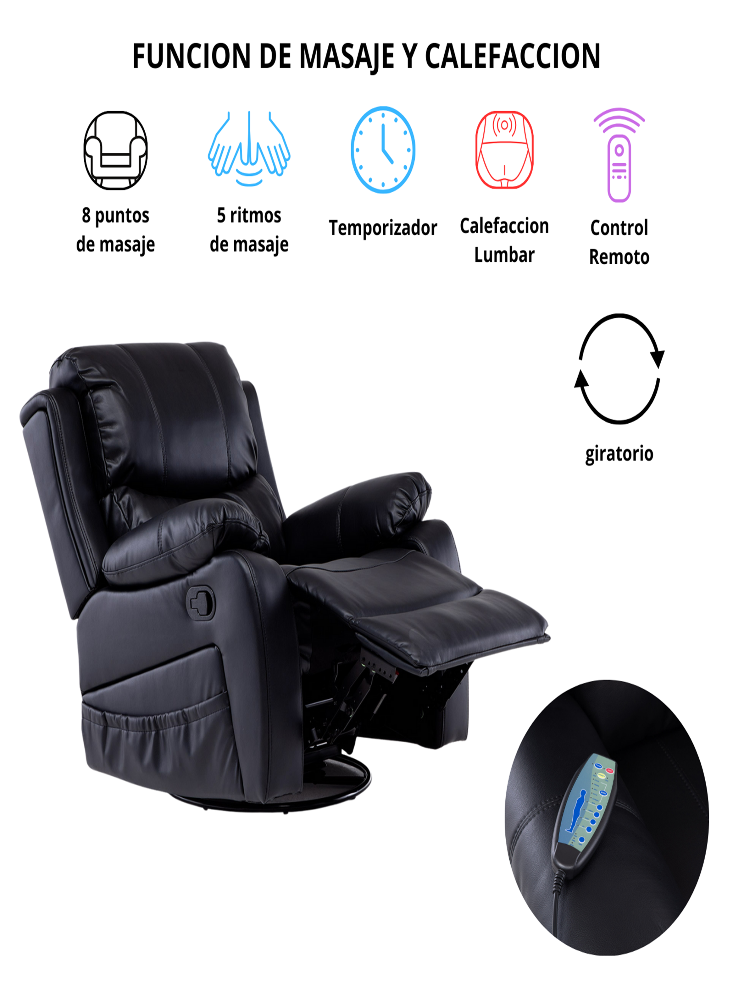 BERGER RECLINABLE PRO BLACK CON VIBROMASAJE 8 PUNTOS + C.REMOTO-2