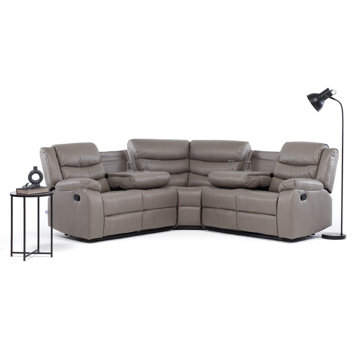 Seccional Reclinable Curvo Beige Posavasos de aluminio-2
