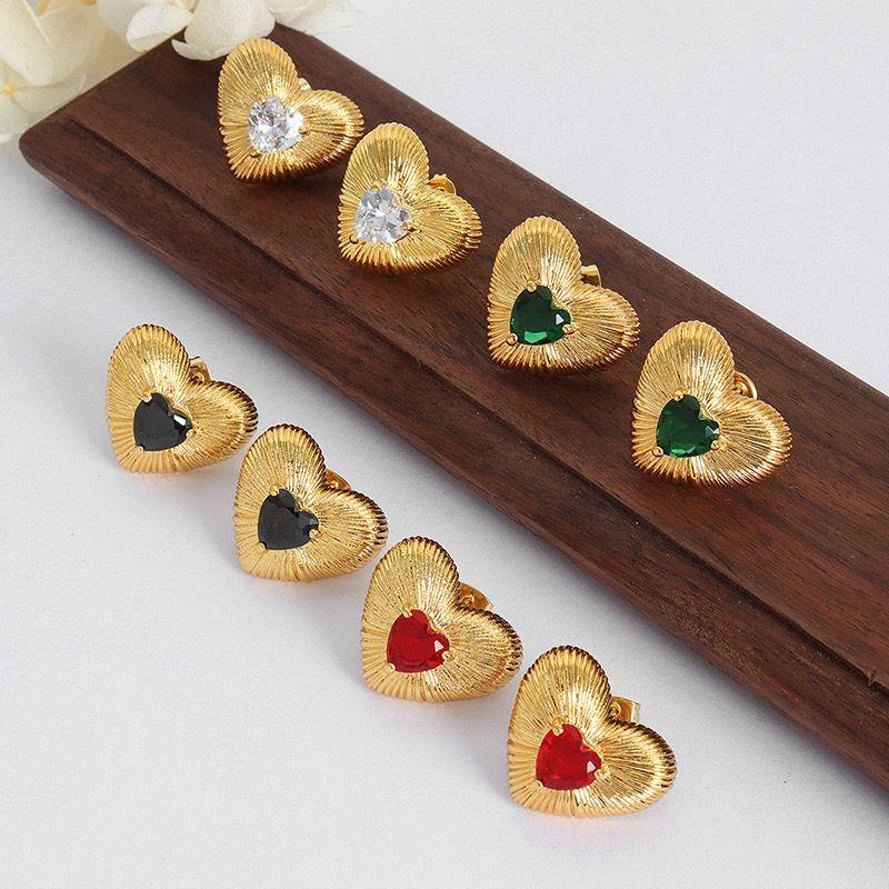 Aros Baño Oro 18k Corazón Cepillado Circón Rubí-2