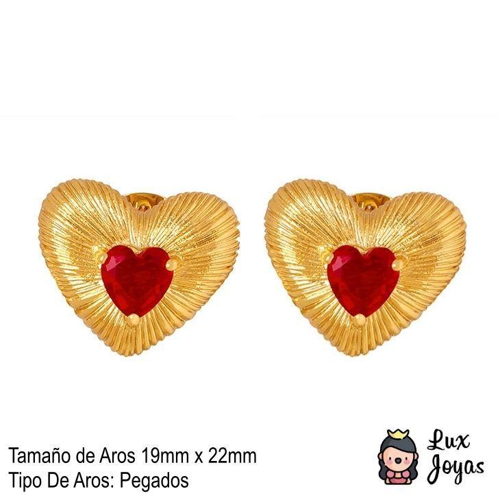Aros Baño Oro 18k Corazón Cepillado Circón Rubí-4