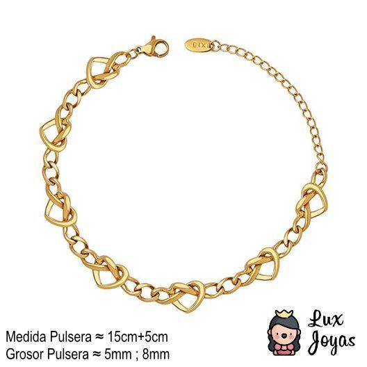 Pulsera Baño Oro Amarillo 18k Cadena Corazones-3