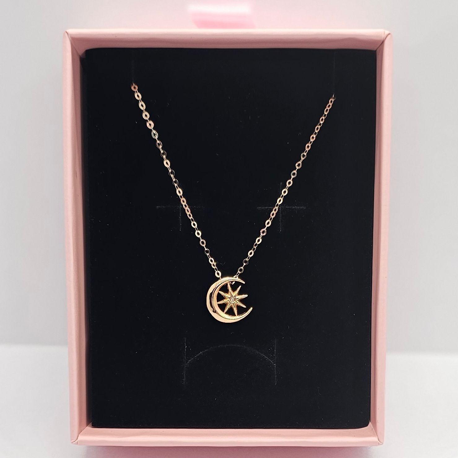 CADENA ESLABONES ORO ROSADO 18K COLGANTE LUNA ESTRELLA CON DIAMANTE 1P-5