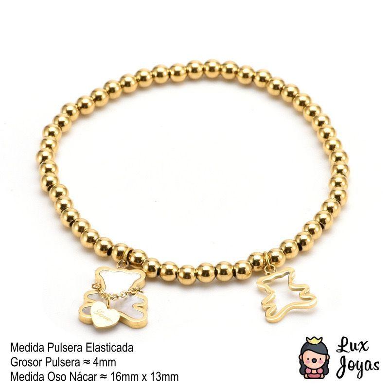 Pulsera Baño Oro 18k Pelotitas Osito Nácar-3
