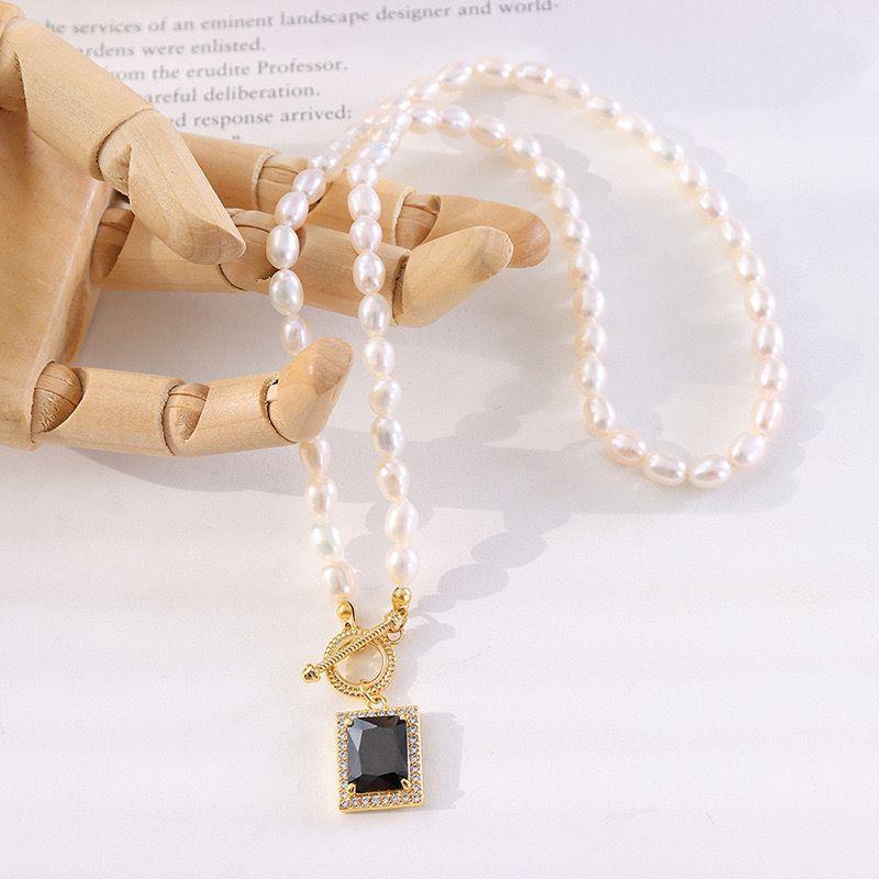 Collar Baño Oro 18k Perlas Agua Dulce Timón Ónix-2