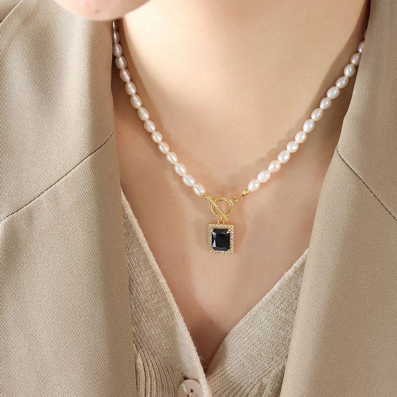 Collar Baño Oro 18k Perlas Agua Dulce Timón Ónix-3