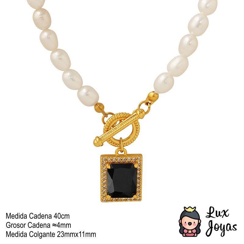 Collar Baño Oro 18k Perlas Agua Dulce Timón Ónix-4