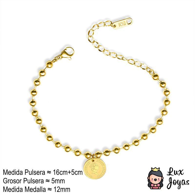 Pulsera Baño Oro Amarillo 18k Pelotitas Disco Reina-4