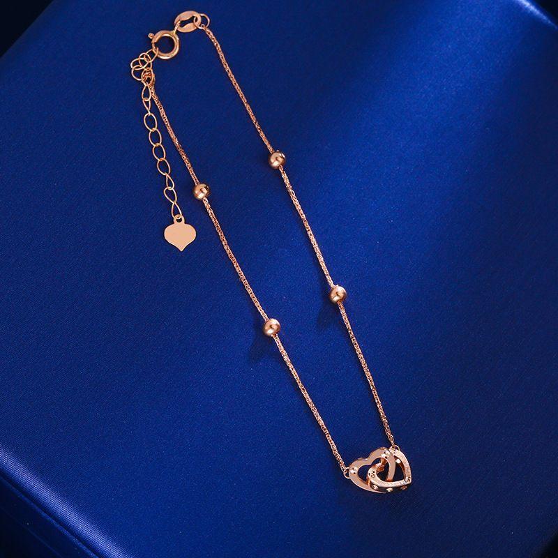 PULSERA TEJIDA PELOTITAS DOBLE CORAZON ORO AMARILLO 18K-1