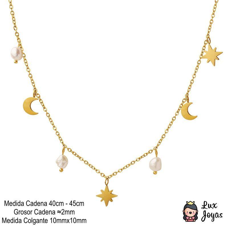 Collar Baño Oro 18 Kilates Perla Luna Estrella Madi-3