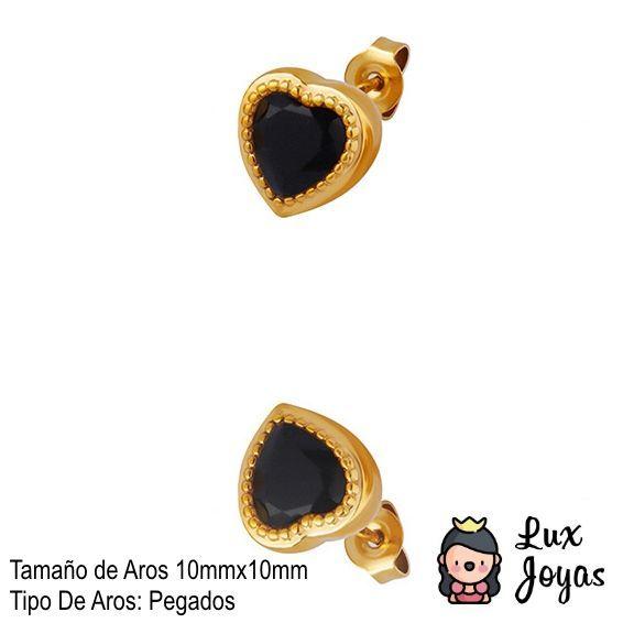 Aros Baño Oro Amarillo 18k Pegados Corazón Circón Onix Negro-5