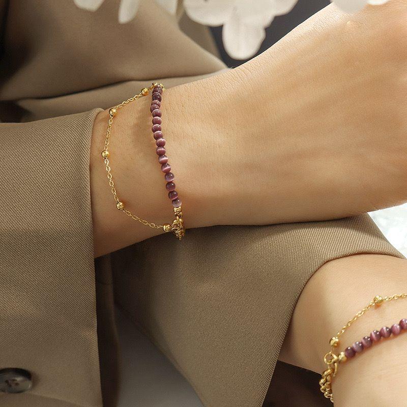 Pulsera Baño Oro 18k Doble Pelotitas Ojo De Gato-2