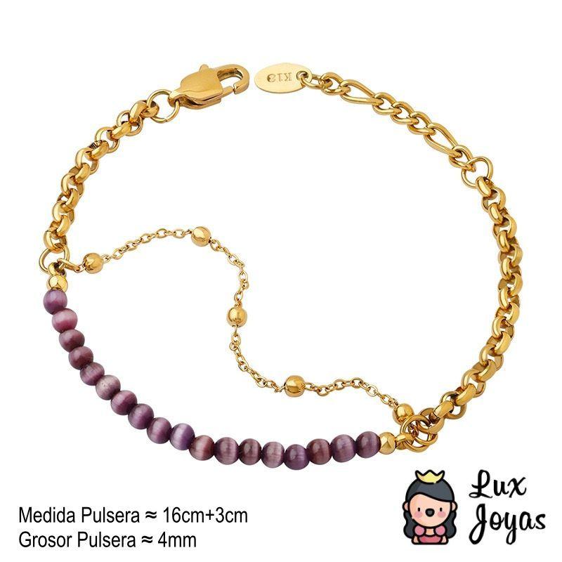 Pulsera Baño Oro 18k Doble Pelotitas Ojo De Gato-3