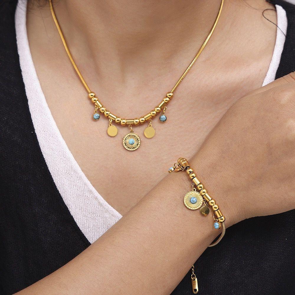 Collar Baño Oro Amarillo 18k Disco Sol Crisocola-2