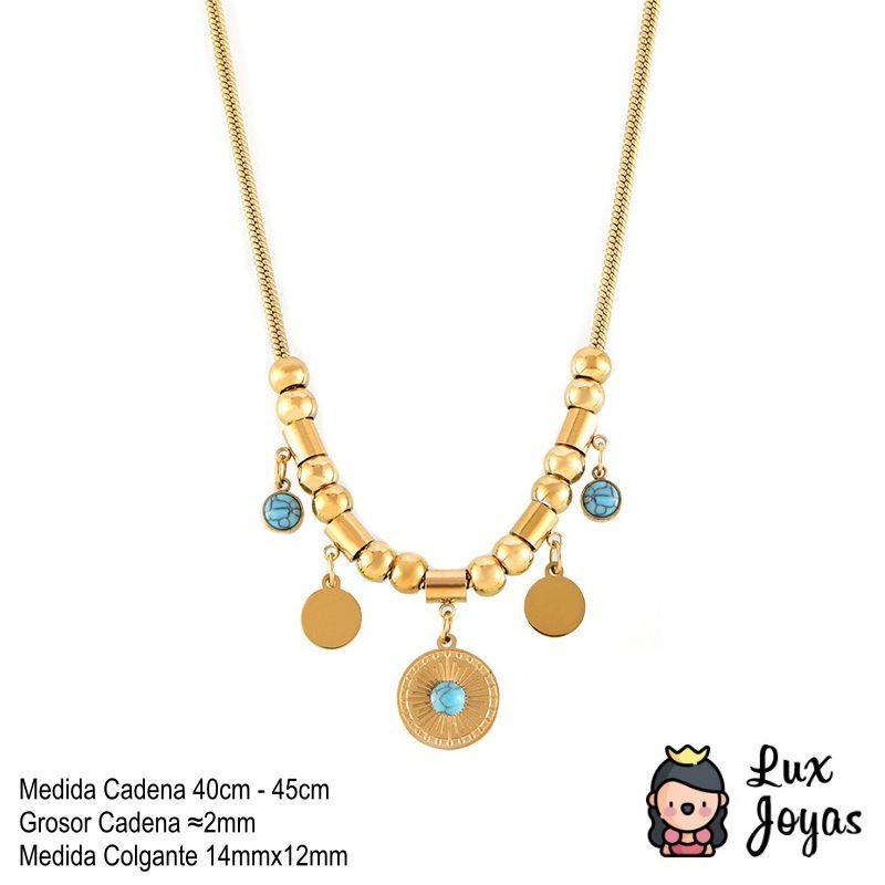 Collar Baño Oro Amarillo 18k Disco Sol Crisocola-3