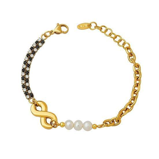Pulsera Baño Oro Amarillo 18k Infinito Perlas Agua Dulce Ajedrez-0