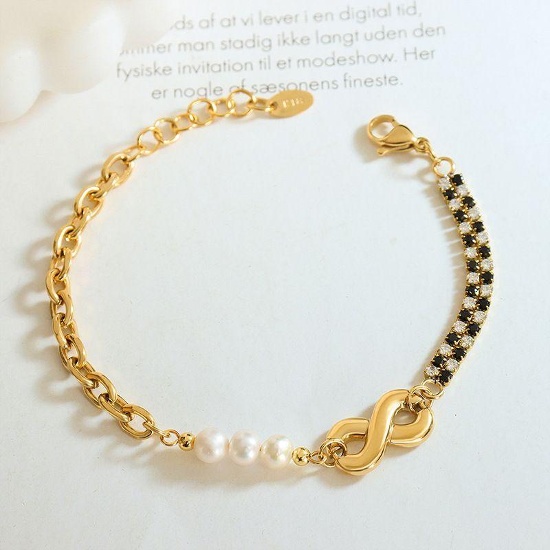 Pulsera Baño Oro Amarillo 18k Infinito Perlas Agua Dulce Ajedrez-1