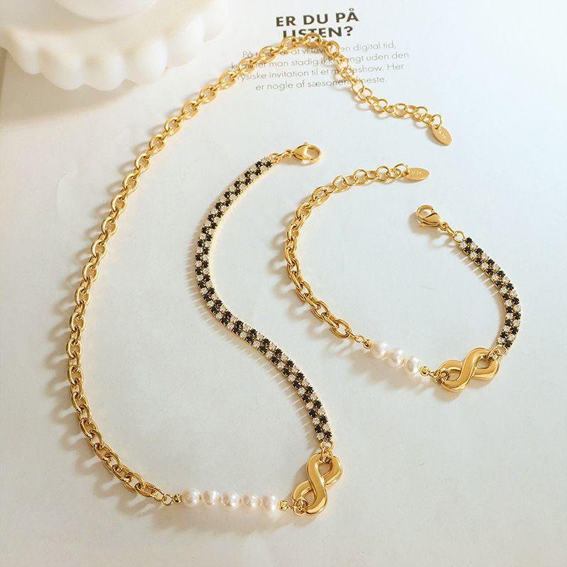 Pulsera Baño Oro Amarillo 18k Infinito Perlas Agua Dulce Ajedrez-2