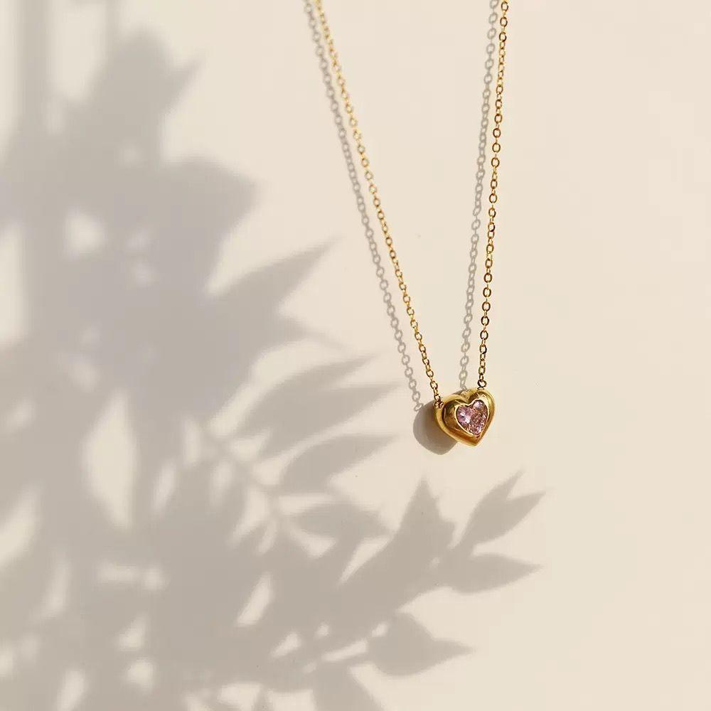Collar Baño Oro 18k Corazón Cristal Rose-2
