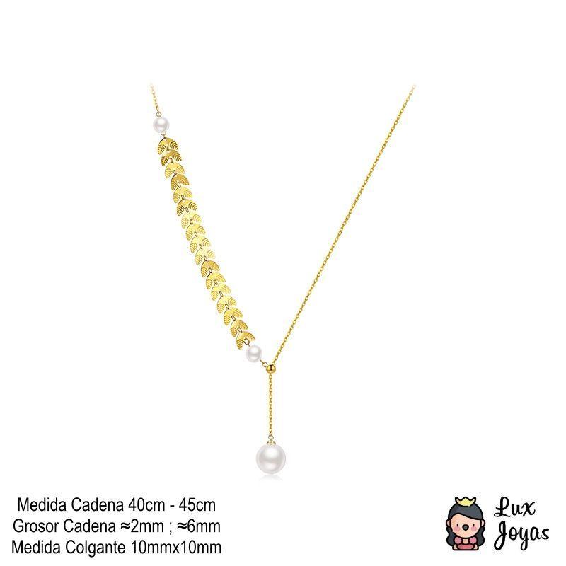 Collar Baño Oro Amarillo 18 Kilates Perla Hojas Ajustable-3