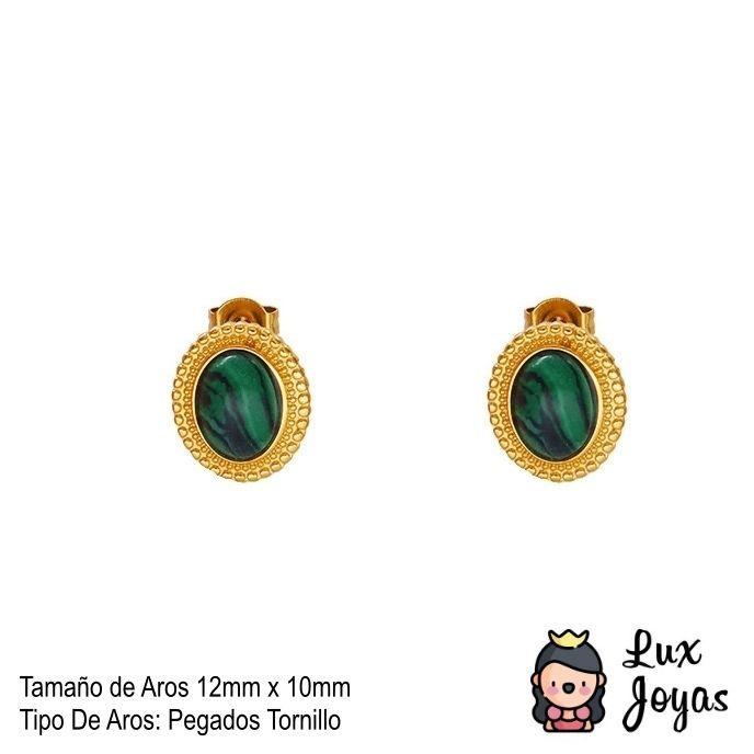 Aros Baño Oro 18k Pelotitas Piedra Malaquita-3