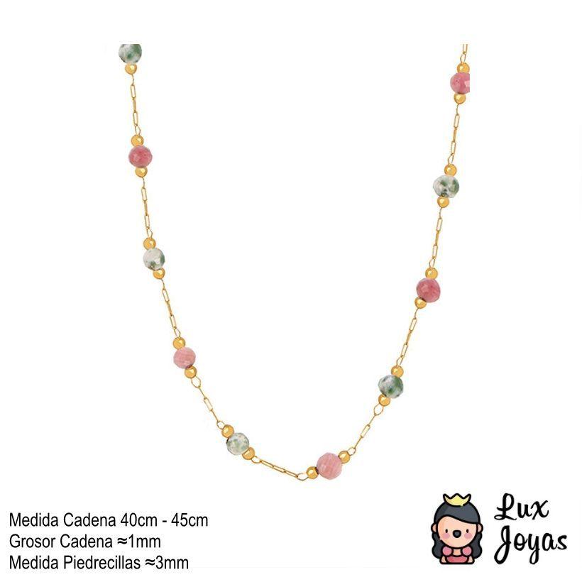Collar Baño Oro Amarillo 18k Piedrecillas Cadena Tonos Rosado y Verde-5