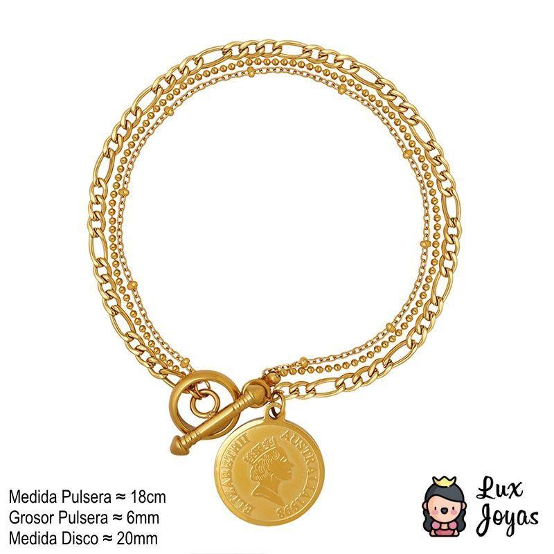 Pulsera Baño Oro Amarillo 18k Triple Diseño Disco Reina-4