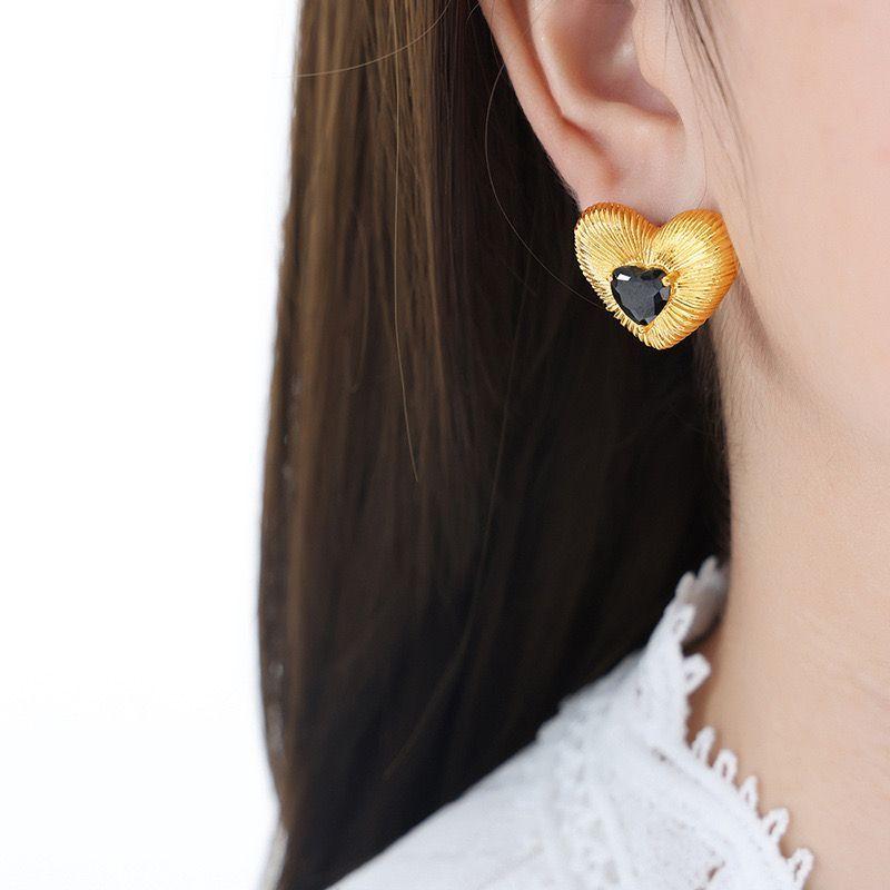 Aros Baño Oro 18k Corazón Cepillado Circón Onix-3