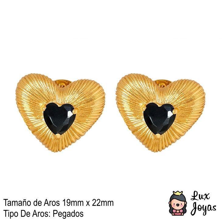 Aros Baño Oro 18k Corazón Cepillado Circón Onix-4